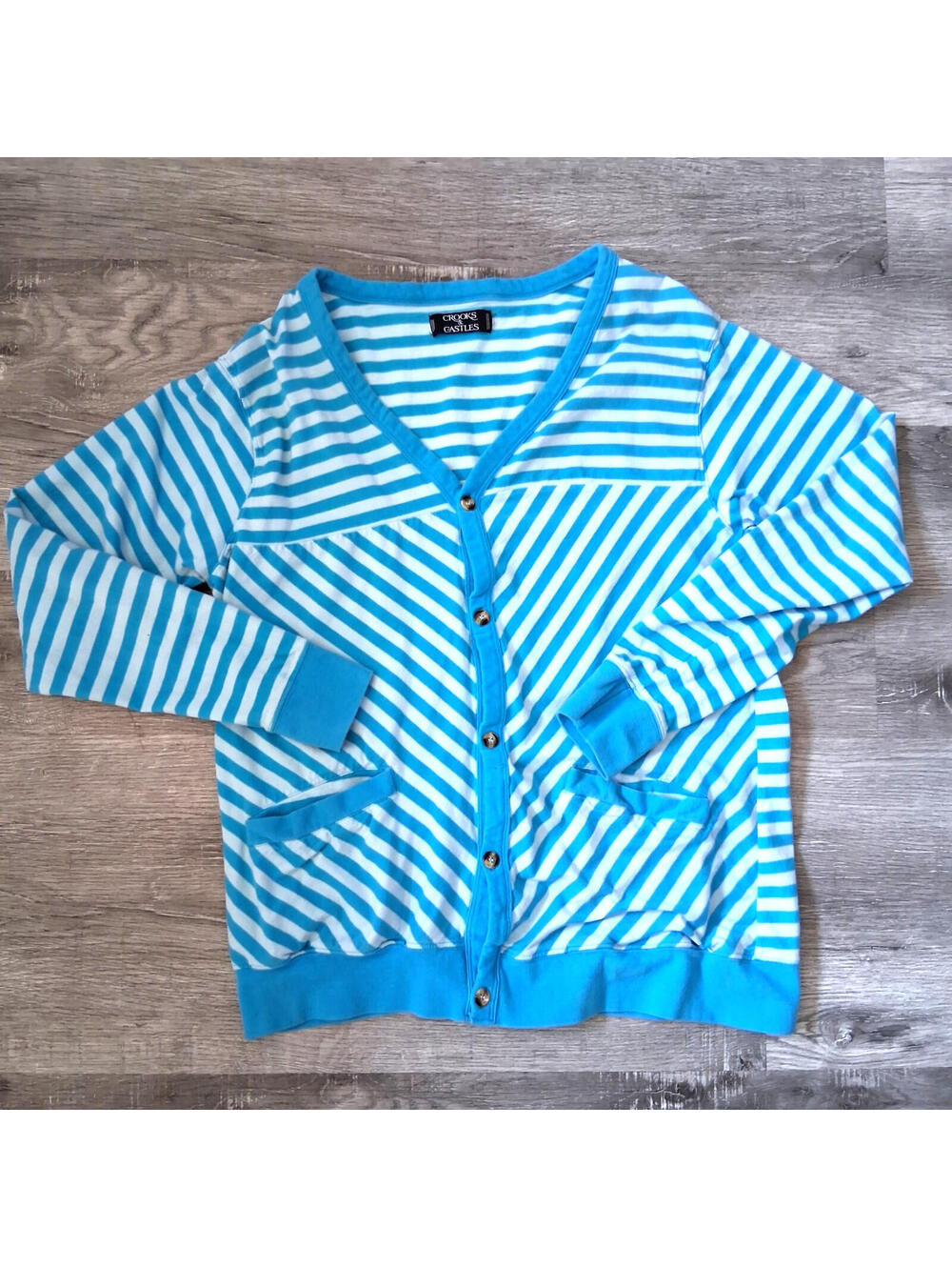 Crooks And Castles Men's Lg Teal Striped Long Sleeve Cardigan Sweater